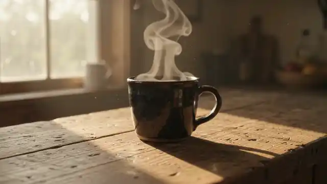 The finished 8-second clip, looping without sound: the camera pushes in on a dark glazed ceramic mug on a rough wooden counter while steam curls up in morning window light.