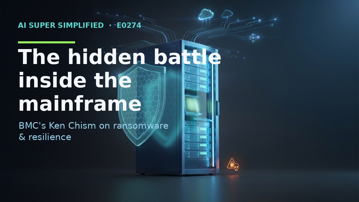 Stylized mainframe rack with a shield and cloud network lines, representing mainframe cybersecurity