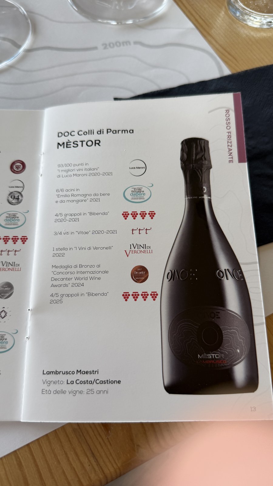 An award card for a Lambrusco wine, scores and medals in Italian — photographed on the trip, AI Super Simplified
