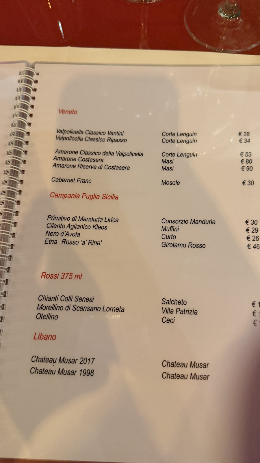 A restaurant wine list page, Veneto reds by producer and price — photographed on the trip, AI Super Simplified
